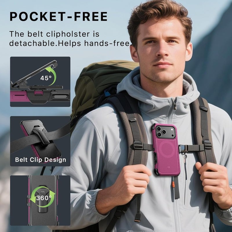 M MYBAT PRO for iPhone 17 Pro Case with Belt Clip Holster,[Compatible with Magsafe] w/Screen Protector,Anti-Drop,Shockproof,w 360°Rotating Kickstand,Heavy Duty Protection (Plum) - Image 5